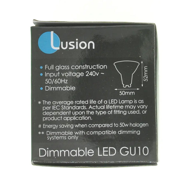 Lusion LED GU10 packaging with specifications on a white background