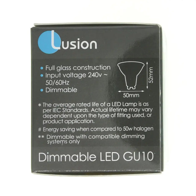 Lusion LED GU10 bulb packaging with specifications on a white background