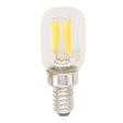Clear LED light bulb with visible filaments on a white background
