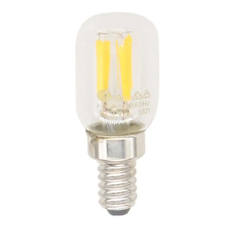 Clear LED light bulb with visible filaments on a white background