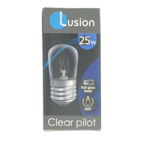 Lusion 25w clear pilot light bulb packaging on a white background