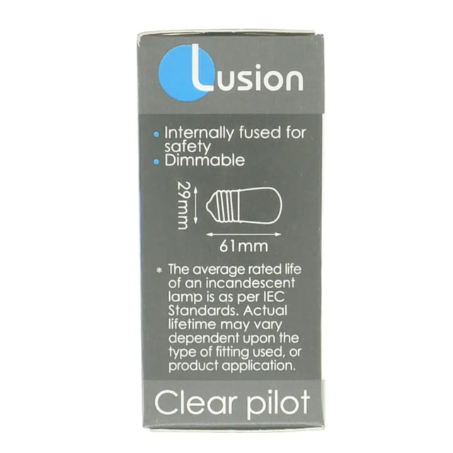 Lusion light bulb packaging with specifications on a white background