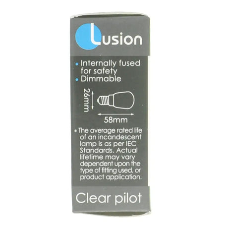 Lusion light bulb packaging with specifications on a white background