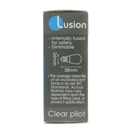 Lusion light bulb packaging with specifications on a white background