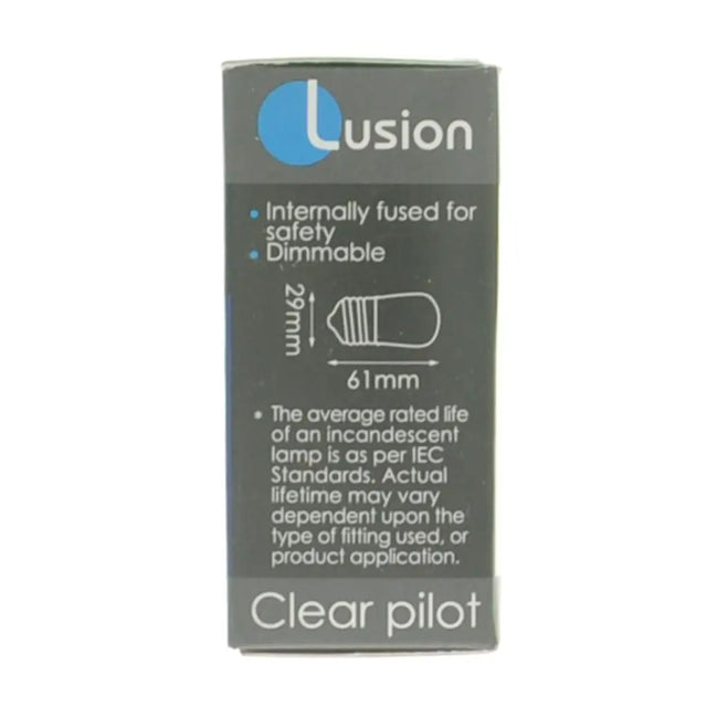 Lusion clear pilot light bulb packaging on a white background