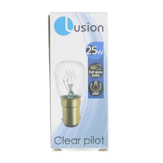 Lusion 25w clear pilot light bulb packaging on a white background