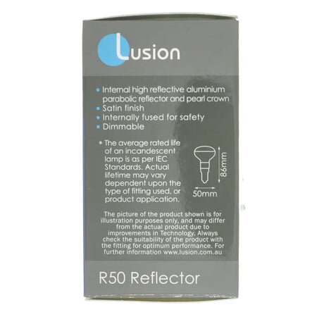 Lusion R50 Reflector packaging with product details on a white background