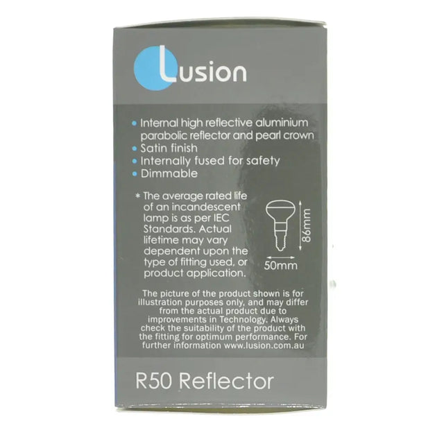 Lusion R50 Reflector packaging with product details on a white background