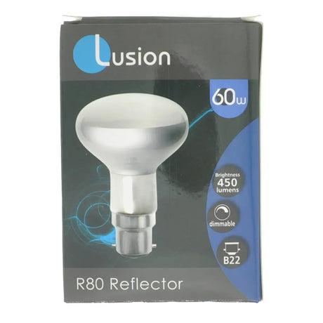 Lusion R80 Reflector light bulb packaging on a white background