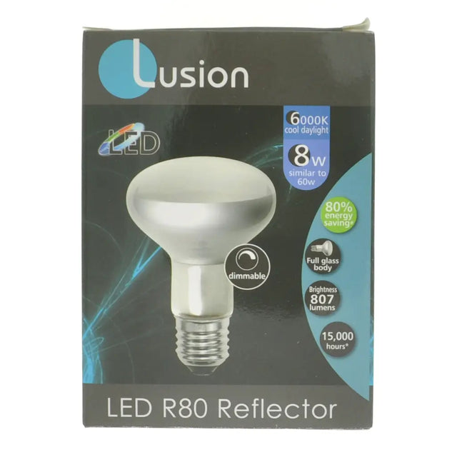 Lusion LED R80 Reflector bulb packaging on a white background