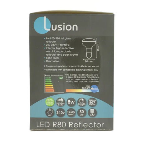 Lusion LED R80 Reflector packaging with specifications on a white background