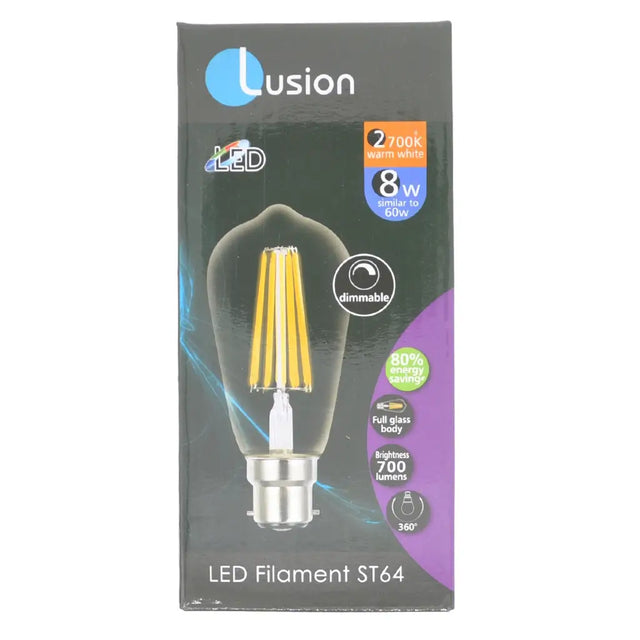 Lusion LED Filament ST64 bulb packaging on a white background