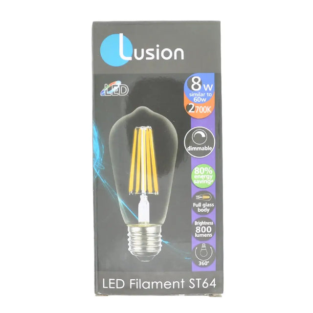 Lusion LED filament light bulb packaging on a white background