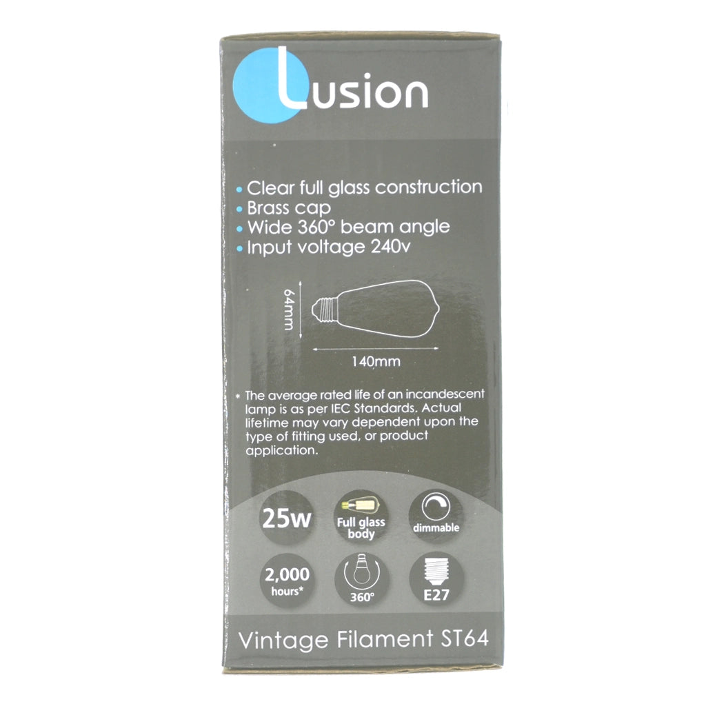 Lusion ST64 Vintage Filament Light Bulb E27 240V 25W W/W Clear 60015