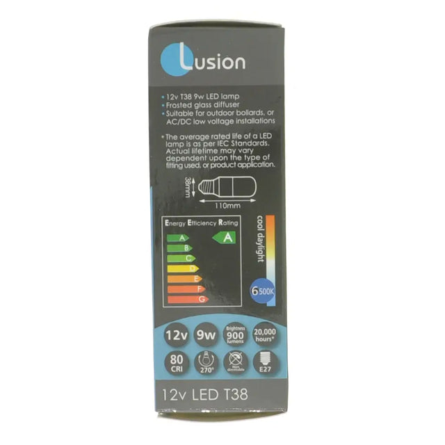Lusion LED lamp packaging with specifications on a white background