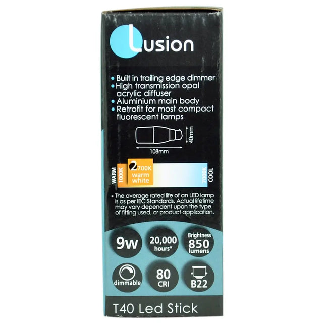 Lusion T40 LED stick packaging with specifications on a white background