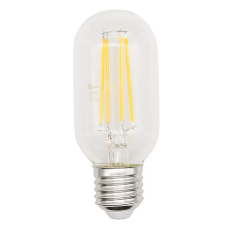 Clear LED filament light bulb on a white background