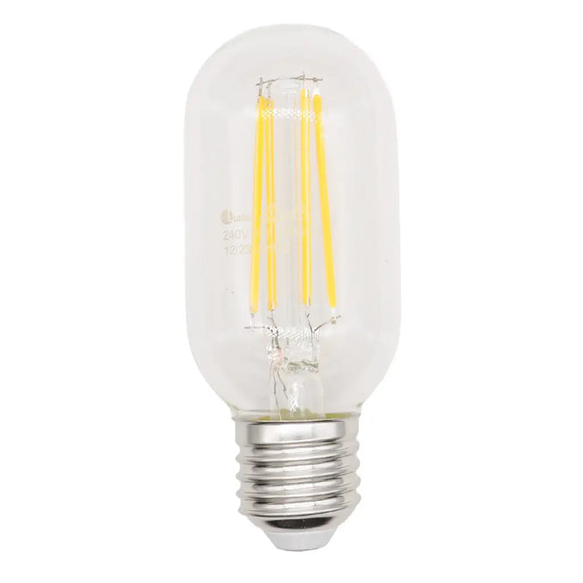 Clear LED filament light bulb on a white background