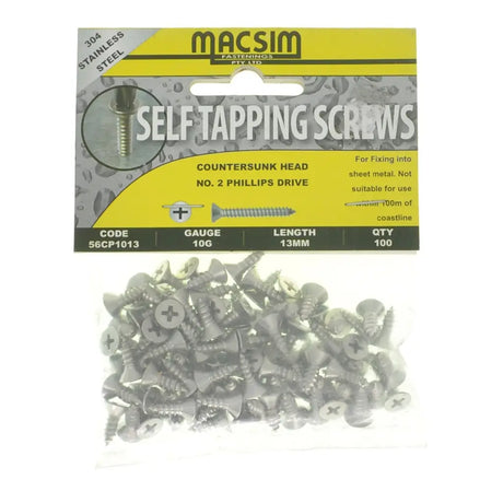 MACSIM 10Gx13mm Countersunk Self Tapping Screw Stainless Steel 56CP1013
