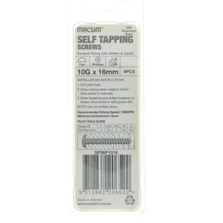 Packaging of Macsim self-tapping screws with label and barcode on a white background
