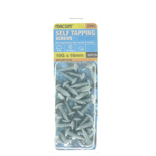 Pack of self-tapping screws with visible brand name on a white background