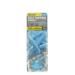 Pack of Macsim self-tapping screws with clear packaging on a white background