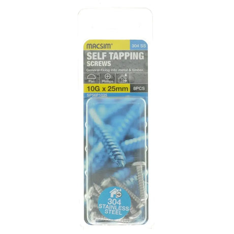 Pack of Macsim self-tapping screws with clear packaging on a white background