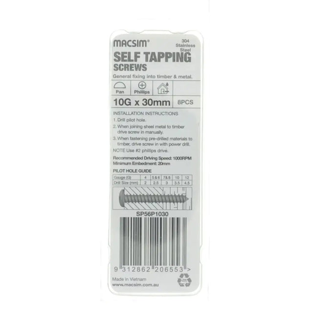 Packaging of Macsim self-tapping screws on a white background