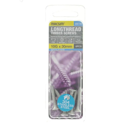 Pack of Macsim longthread timber screws with packaging on a white background