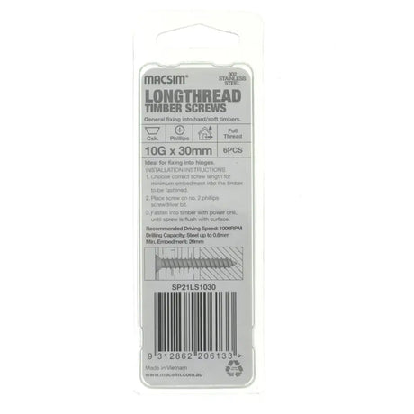 Packaging of Macsim longthread timber screws on a white background