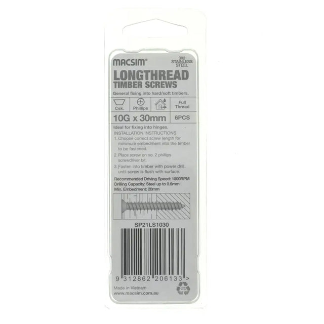 Packaging of Macsim longthread timber screws on a white background