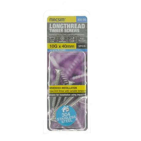 Pack of Macsim longthread timber screws with packaging details on a white background