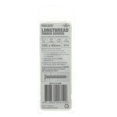 Packaging of Macsim longthread timber screws on a white background