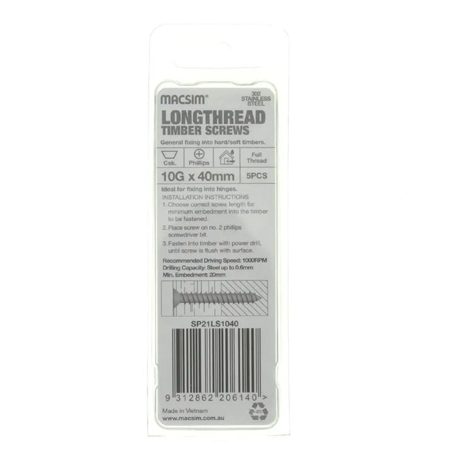 Packaging of Macsim longthread timber screws on a white background