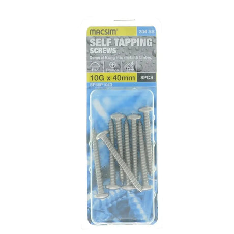 Pack of Macsim self-tapping screws with packaging on a white background