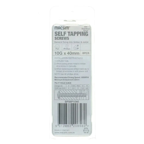 Packaging of Macsim self-tapping screws on a white background