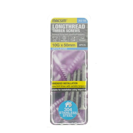 Pack of Macsim longthread timber screws on a white background