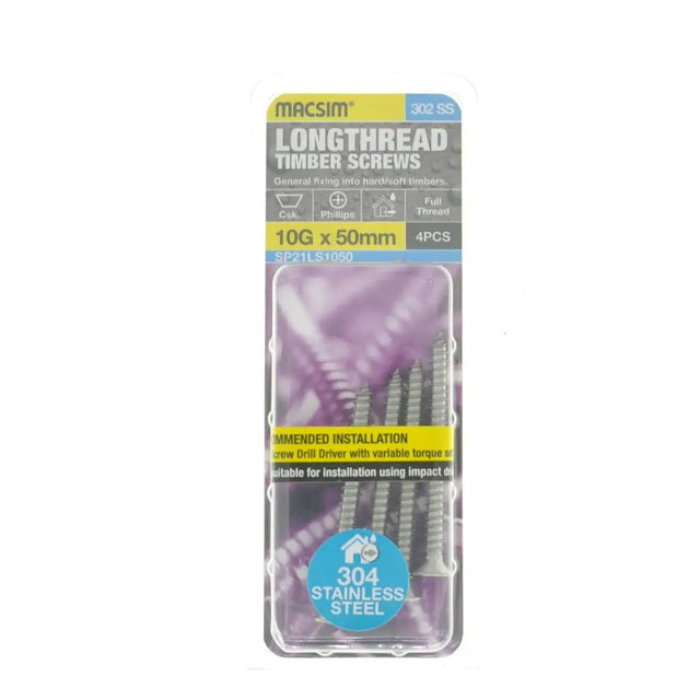 Pack of Macsim longthread timber screws on a white background