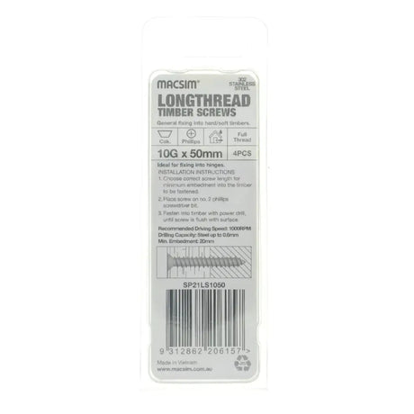 Packaging of Macsim longthread timber screws on a white background