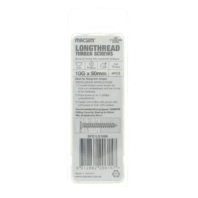 Packaging of Macsim longthread timber screws on a white background
