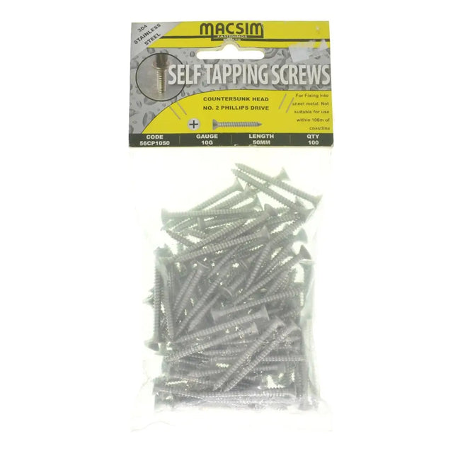 Pack of Macsim self-tapping screws on a white background