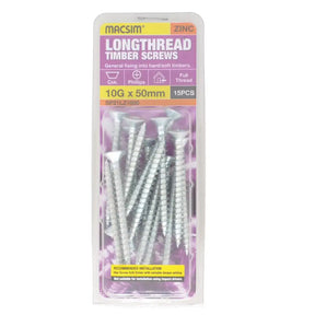 A package of 15 longthread zinc timber screws, 10G x 50mm, in a clear plastic blister pack with a printed header card. The screws are silver-colored metal, and the packaging features a purple, yellow, and white design.