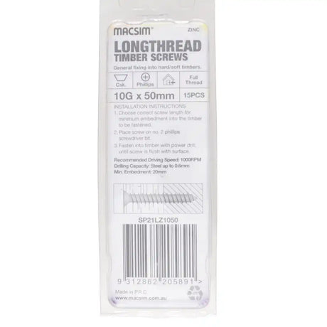 A package of 15 Macsim Longthread Timber Screws, 10G x 50mm, containing zinc-coated screws, shown in its clear plastic retail packaging with a white label.