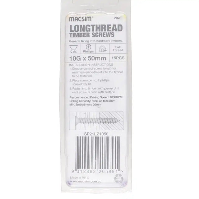 A package of 15 Macsim Longthread Timber Screws, 10G x 50mm, containing zinc-coated screws, shown in its clear plastic retail packaging with a white label.