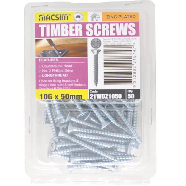 Macsim 10G x 50mm Longthread Countersunk Timber Screws Zinc Plated 50Pcs