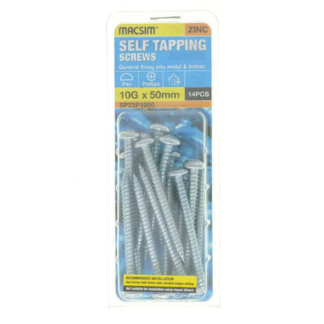 Pack of Macsim self-tapping screws with packaging on a white background