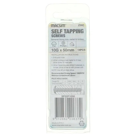 Pack of Macsim self-tapping screws with packaging on a white background