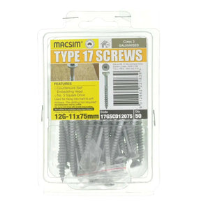 Pack of Macsim Type 17 screws in clear packaging on a white background