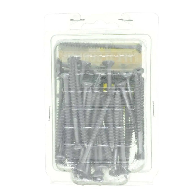 Pack of screws in clear plastic packaging on a white background