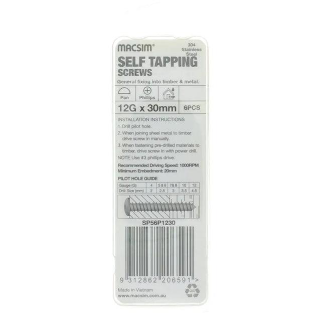 Packaging of Macsim self-tapping screws on a white background